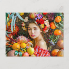 Woman with mixed fruits and floral decor briefkaart