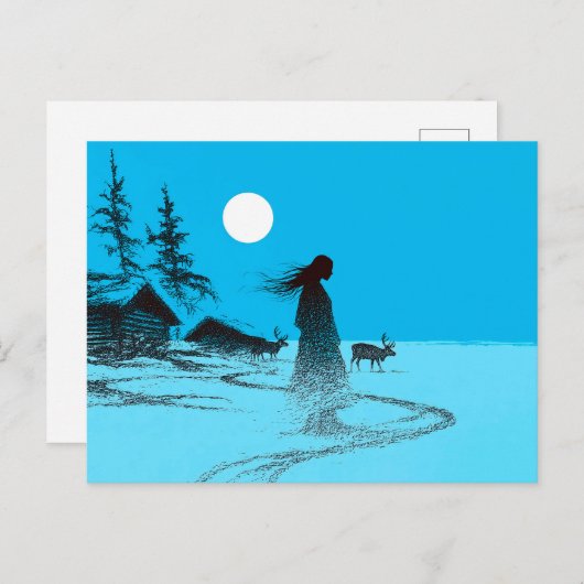 Woman with reindeer in the snow under a full moon briefkaart (Voorkant / Achterkant)