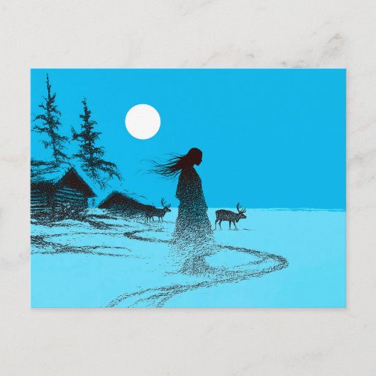 Woman with reindeer in the snow under a full moon briefkaart (Voorkant)