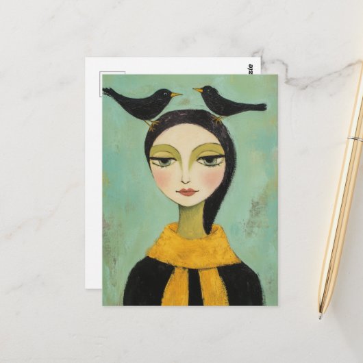 Woman with Two Black Birds Briefkaart (Voorkant / Achterkant in situ)