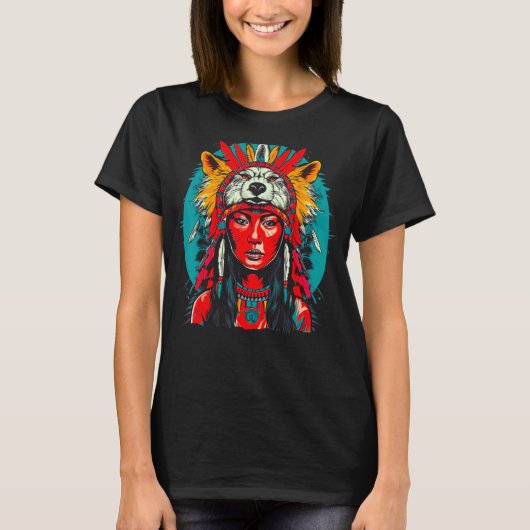 Woman Wolf Head Native American Indigenous T-shirt (Voorkant)