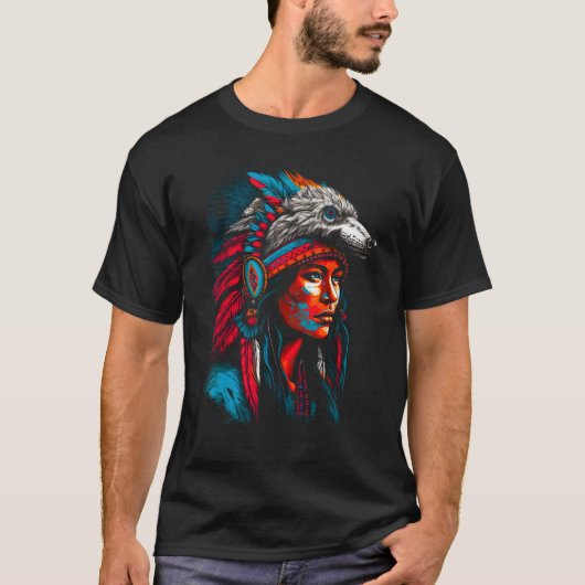 Woman Wolf Head Native American Interconnected T-shirt (Voorkant)