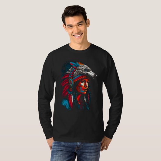 Woman Wolf Head Native American Interconnected T-shirt (Voorkant volledig)