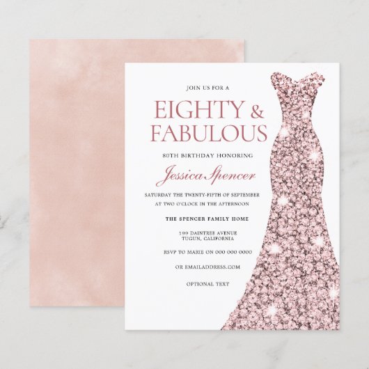 Womans Budget 80th Birthday Party Dress Uitnodigin (Voorkant / Achterkant)
