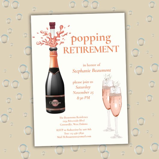 Woman's Elegant Popping Champagne Retirement Kaart