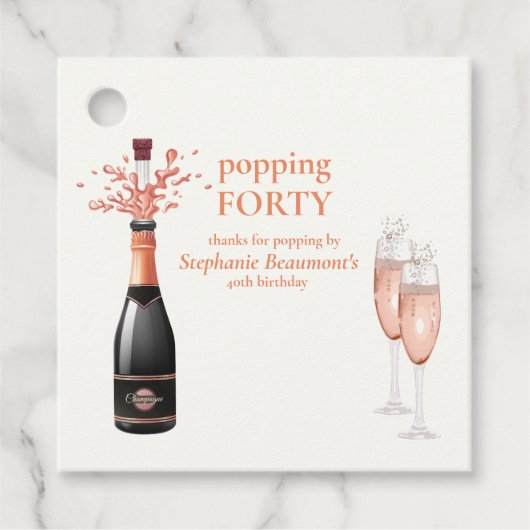 Woman's Funny Popping Champagne 40th Birthday Bedankjes Labels (Voorkant)