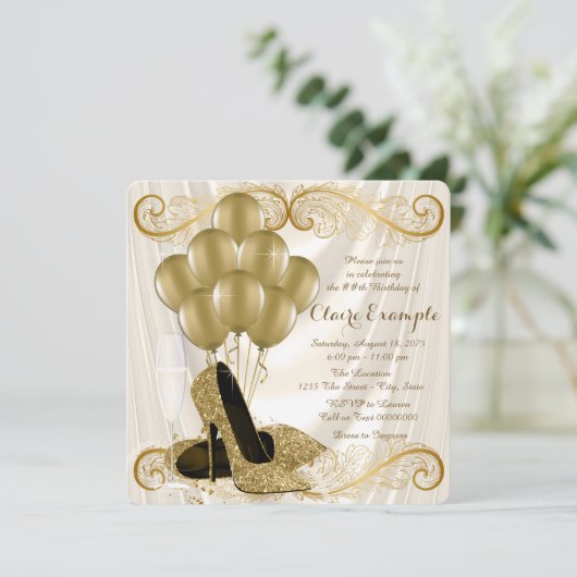 Womans Ivory and Gold Birthday Party Glamor Satin Kaart (Staand voorkant)