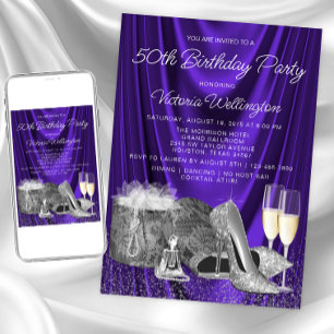 Womans Paarse Silver Shoe Champagne Birthday Kaart