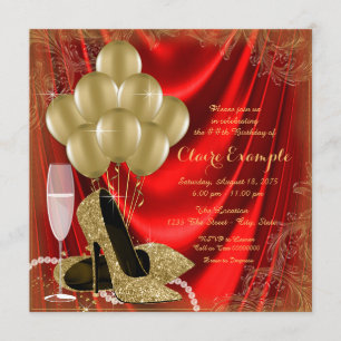 Womans Red and Gold Birthday Party Satin Glitter Kaart