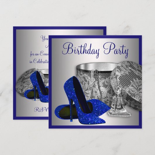 Womans Royal Blauw en Zilver Verjaardagsfeest Kaart (Voorkant / Achterkant)