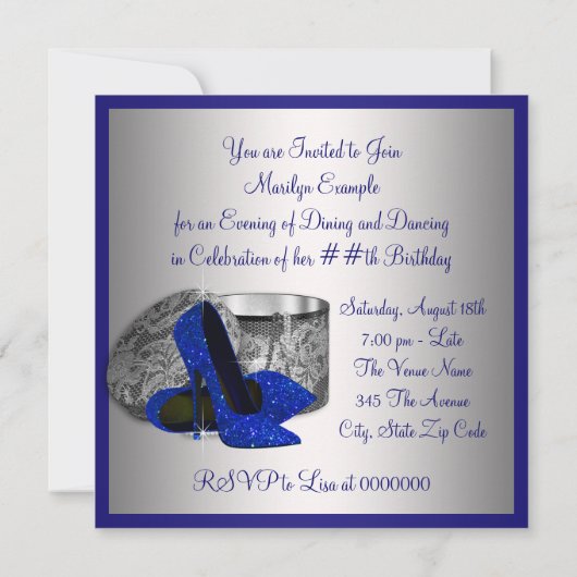 Womans Royal Blauw en Zilver Verjaardagsfeest Kaart (Achterkant)
