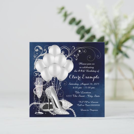 Womans Royal Blauw Zilver Elegant Verjaardagsfeest Kaart (Staand voorkant)
