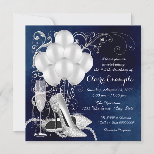 Womans Royal Blauw Zilver Elegant Verjaardagsfeest Kaart (Voorkant)