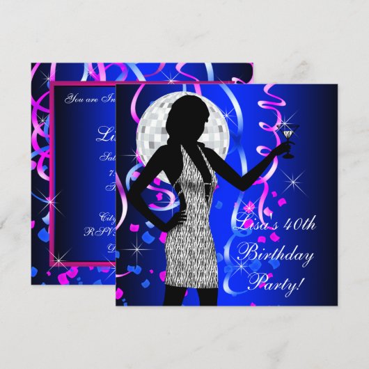 Womans Royal Blue Birthday Party Kaart (Voorkant / Achterkant)