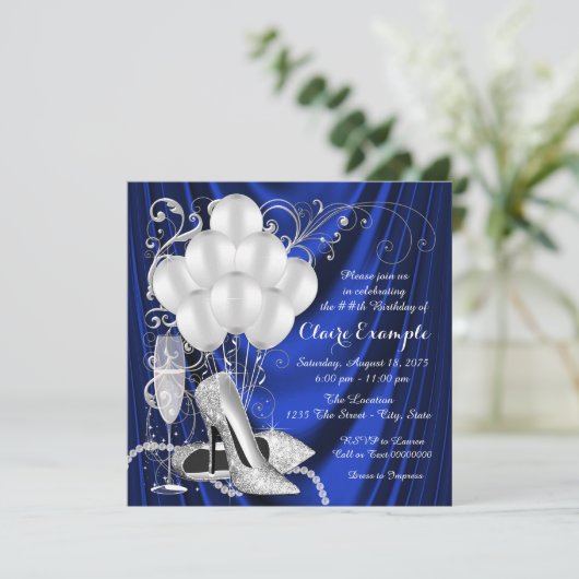 Womans Royal Blue en Zilveren Verjaardagsfeestje L Kaart (Staand voorkant)