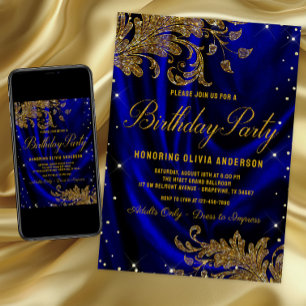 Womans Royal Blue Gold Birthday Party Invitation Kaart
