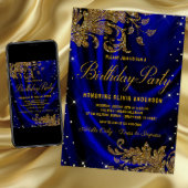 Womans Royal Blue Gold Birthday Party Invitation Kaart