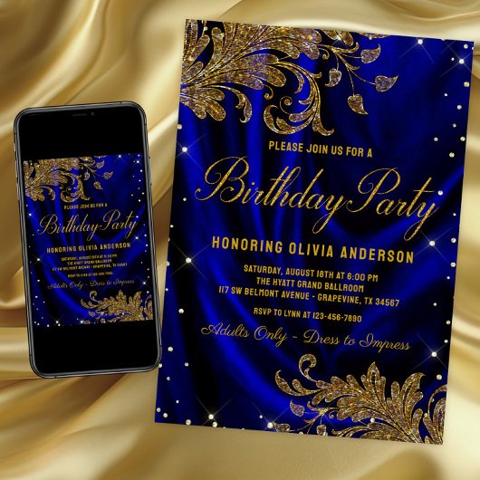 Womans Royal Blue Gold Birthday Party Invitation Kaart