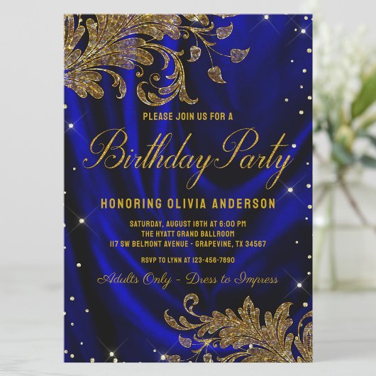 Womans Royal Blue Gold Birthday Party Invitation Kaart