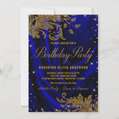 Womans Royal Blue Gold Birthday Party Invitation Kaart (Voorkant)