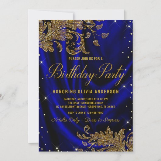 Womans Royal Blue Gold Birthday Party Invitation Kaart (Voorkant)