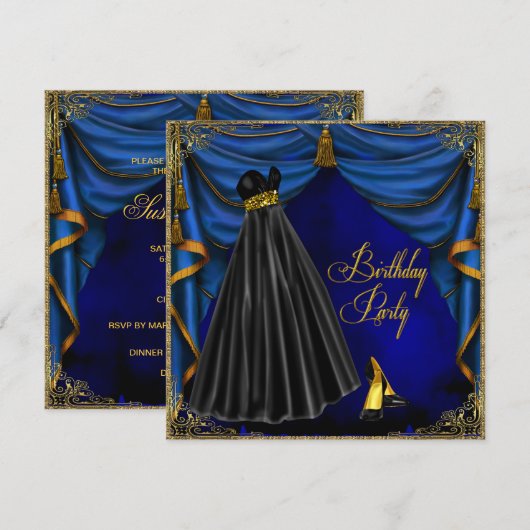 Womans Royal Blue Gold Birthday Party Kaart (Voorkant / Achterkant)