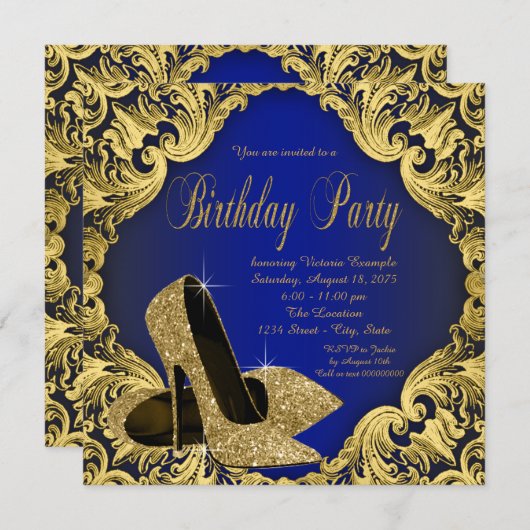 Womans Royal Blue Gold Birthday Party Kaart (Voorkant / Achterkant)