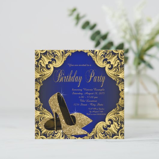 Womans Royal Blue Gold Birthday Party Kaart (Staand voorkant)