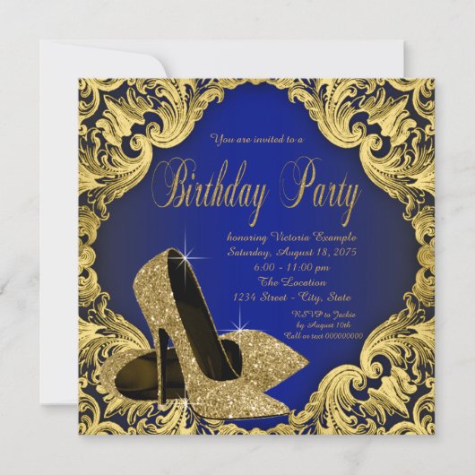 Womans Royal Blue Gold Birthday Party Kaart (Voorkant)