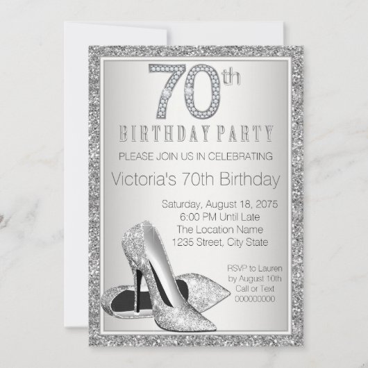Womans Silver Glitter High Heel Shoe 70th Birthday Kaart (Voorkant)