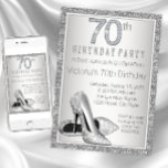 Womans Silver Glitter High Heel Shoe 70th Birthday Kaart<br><div class="desc">Vrouw's 70e verjaardagsfeestuitnodiging met elegante zilveren diamantnummers en glitter high hiel schoenen op een prachtige zilveren glitterachtergrond. Pas deze prachtige zilveren uitnodiging van de 70e verjaardag aan door uw details in de doopvontstijl en kleur van uw keus eenvoudig toe te voegen.</div>