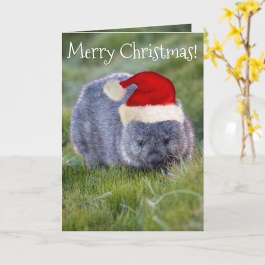 Wombat Australia Red Santa Hat Merry Kerstmis Kaart (Gele Bloem)