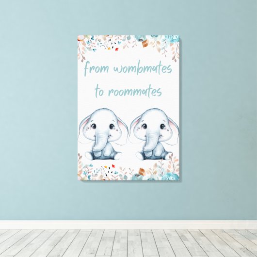Wombmates to Roommates Elephant Nursery Wall Art Canvas Afdruk (Insitu (Houten vloer))