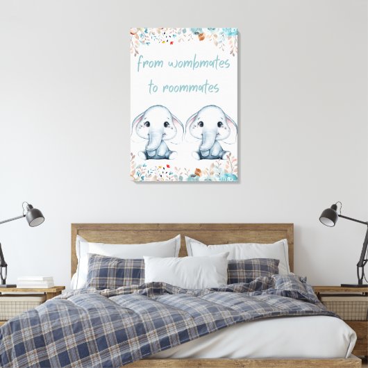 Wombmates to Roommates Elephant Nursery Wall Art Canvas Afdruk (Insitu (Slaapkamer))