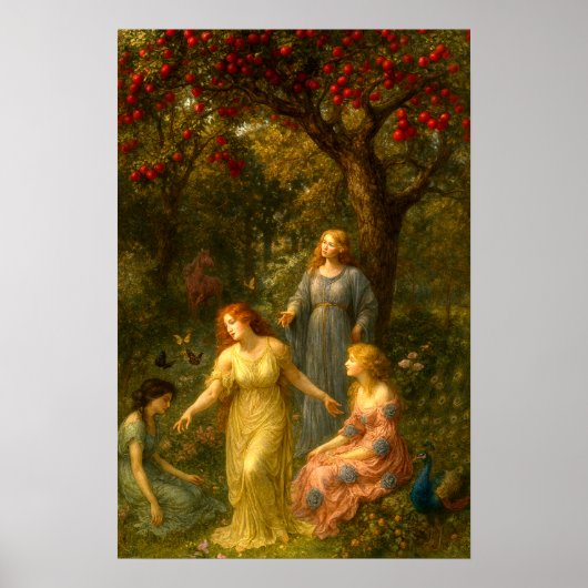 Women, Butterflies & Peacock In Garden Poster (Voorkant)