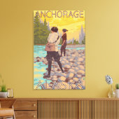 Women Fly Fishing - Anchorage, Alaska Canvas Afdruk (Insitu (Woonkamer))