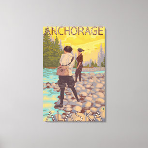 Women Fly Fishing - Anchorage, Alaska Canvas Afdruk