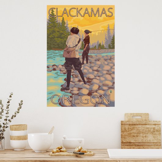 Women Fly Fishing - Clackamas, Oregon Poster (Keuken)