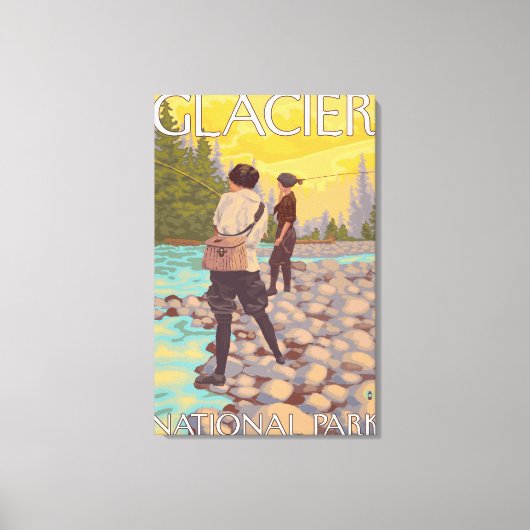 Women Fly Fishing - Glacier National Park, MT Canvas Afdruk (Voorkant)