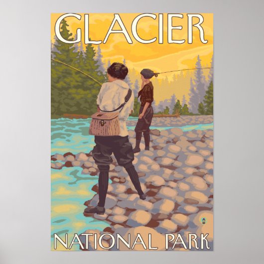 Women Fly Fishing - Glacier National Park, MT Poster (Voorkant)