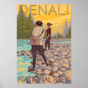 Women Fly Fishing - Nationaal Park Denali, Poster