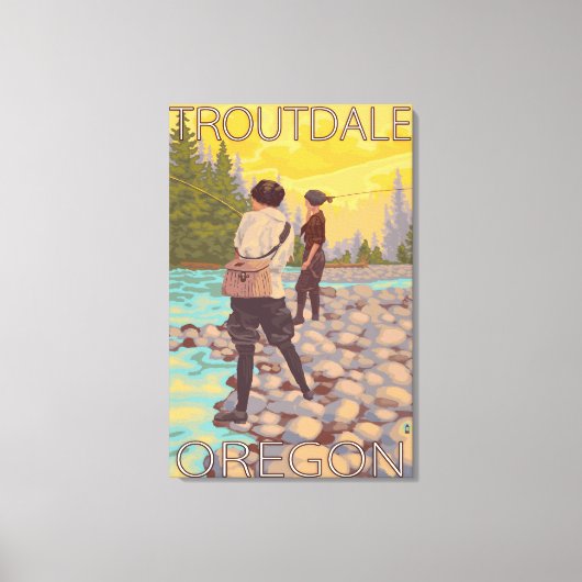 Women Fly Fishing - Troutdale, Oregon Canvas Afdruk (Voorkant)