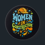 Women In Construction Retro Empowerment Ronde Button 7,6 Cm<br><div class="desc">Bold retro lettering with colorful helmet,  hearts and floral accents celebrating women in construction. A vibrant empowerment statement for female builders,  tradeswomen and strong women in skilled trades.</div>