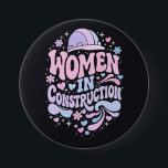 Women In Construction Retro Empowerment Ronde Button 7,6 Cm<br><div class="desc">Bold retro lettering with colorful helmet,  hearts and floral accents celebrating women in construction. A vibrant empowerment statement for female builders,  tradeswomen and strong women in skilled trades.</div>