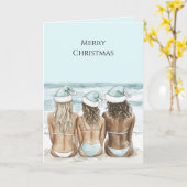 Women in Santa Hats on Beach Christmas Kaart (Gele Bloem)