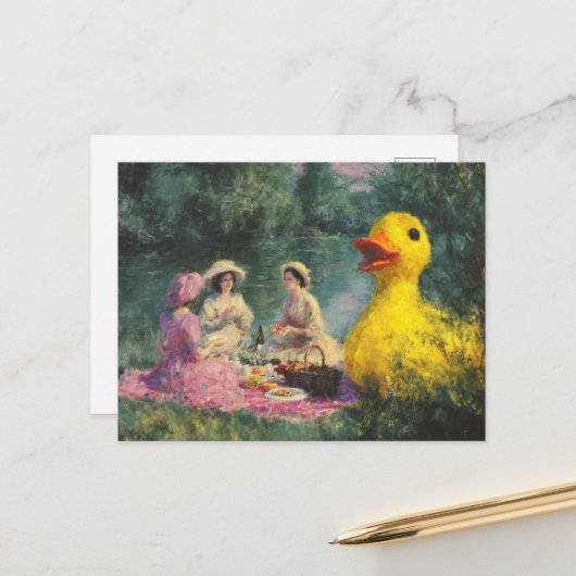 Women Picnic Giant Duck Faux Historical Painting Briefkaart (Voorkant / Achterkant in situ)