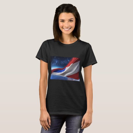 Women’s Basic T-Shirt with USA Flag Logo (Voorkant volledig)