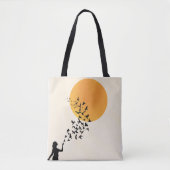 Women, Sun & Flying Birds Silhouette Minimalist Tote Bag (Voorkant)