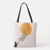 Women, Sun & Flying Birds Silhouette Minimalist Tote Bag (Achterkant)