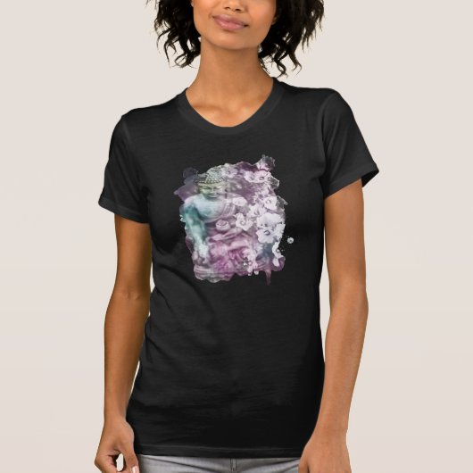 *~* Women Zen Buddha Flowers Pastel Black T-Shirt (Voorkant)
